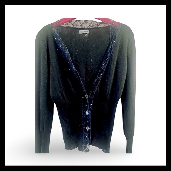 ANONYMOUS black cotton knit cardigan with blue and rhinestone trim. - Picture 8 of 8